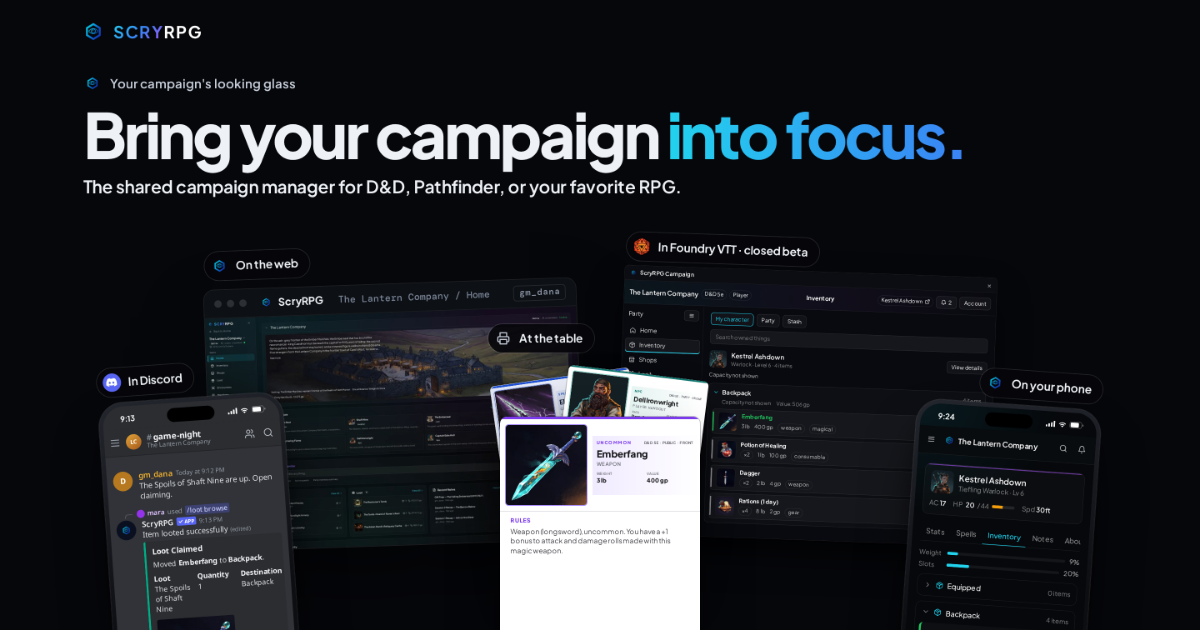 The ScryRPG homepage hero with the campaign on five surfaces.