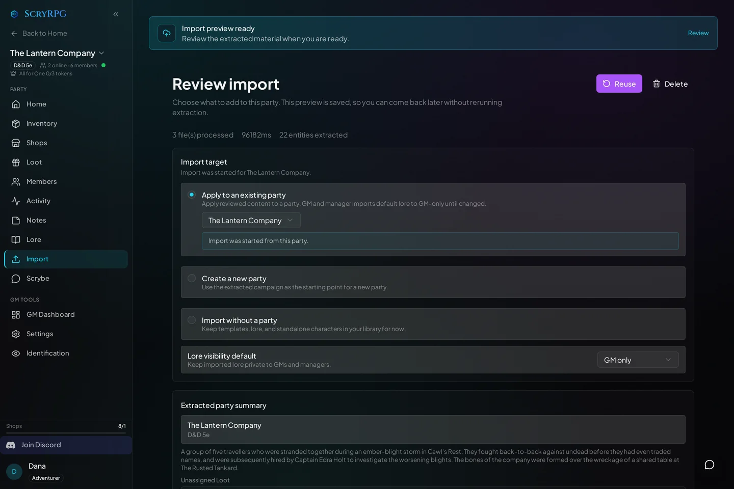 The ScryRPG import review screen showing editable extracted records.