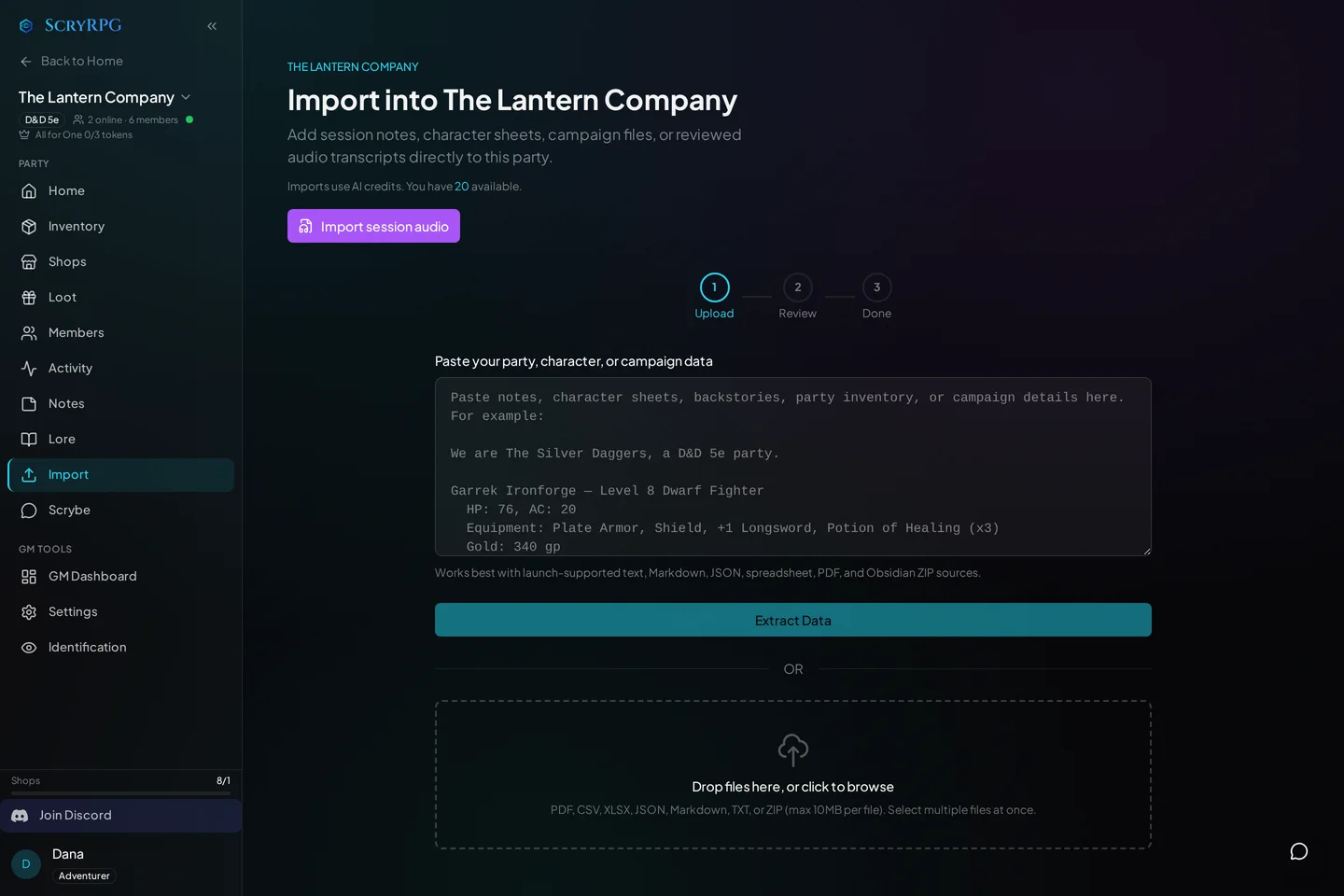 The ScryRPG import screen with files staged for upload.