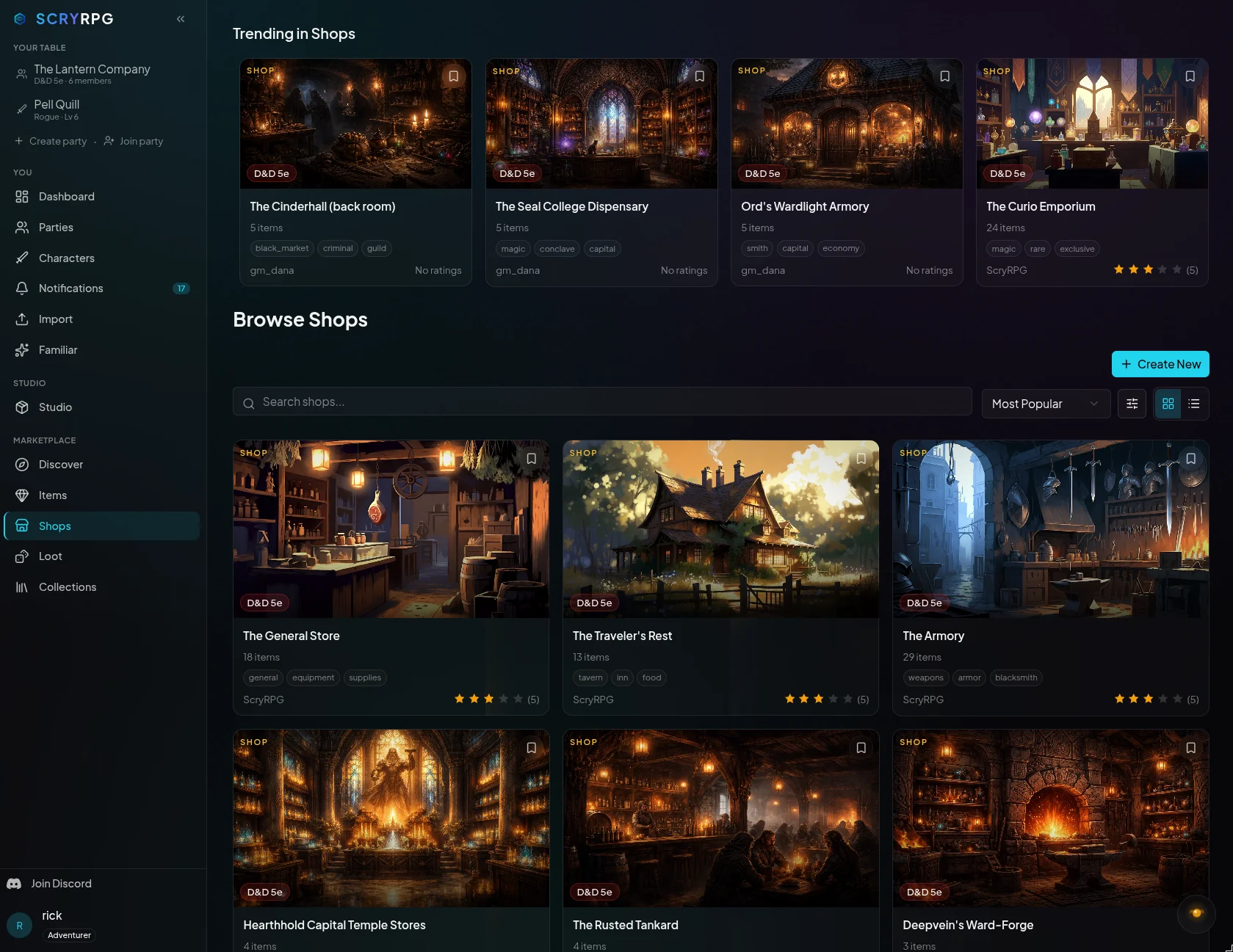 Shop templates in the ScryRPG marketplace, each card with its art, system badge, and rating
