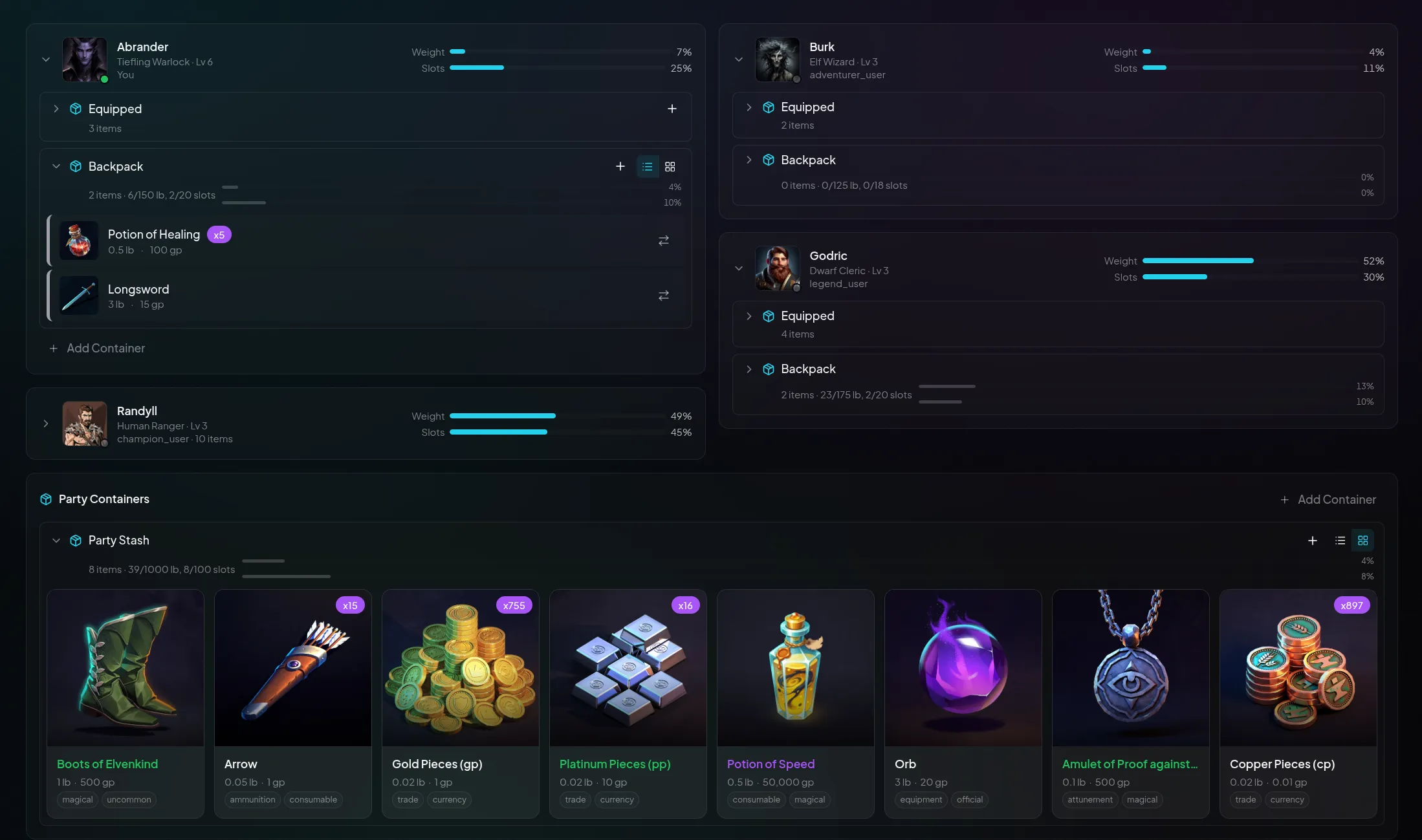 Party inventory with real-time sync across web and Discord