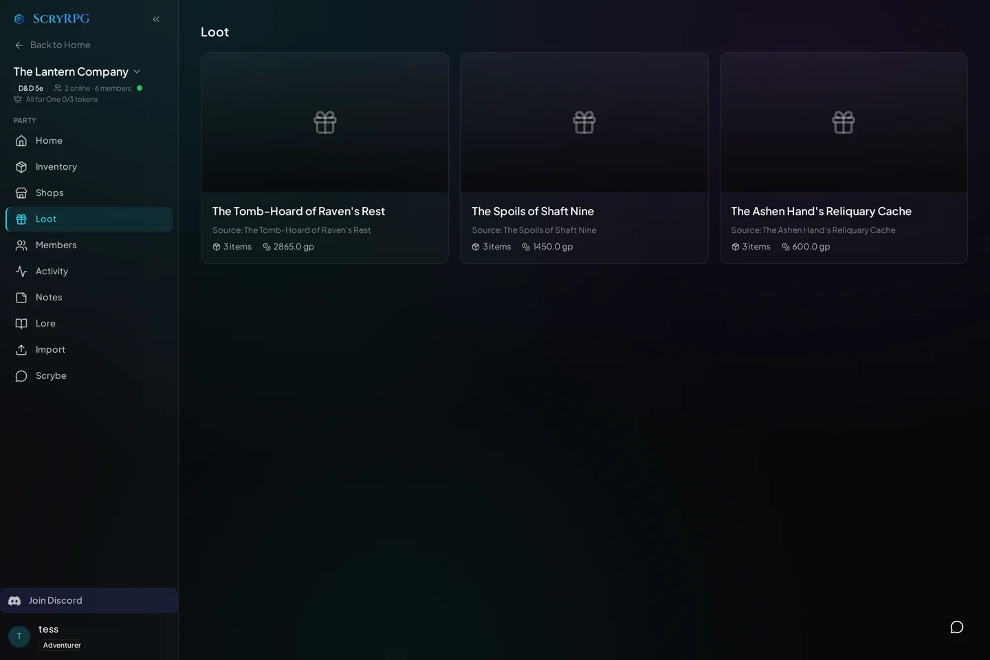 The ScryRPG loot screen showing deployed treasure hoards with item counts and total value