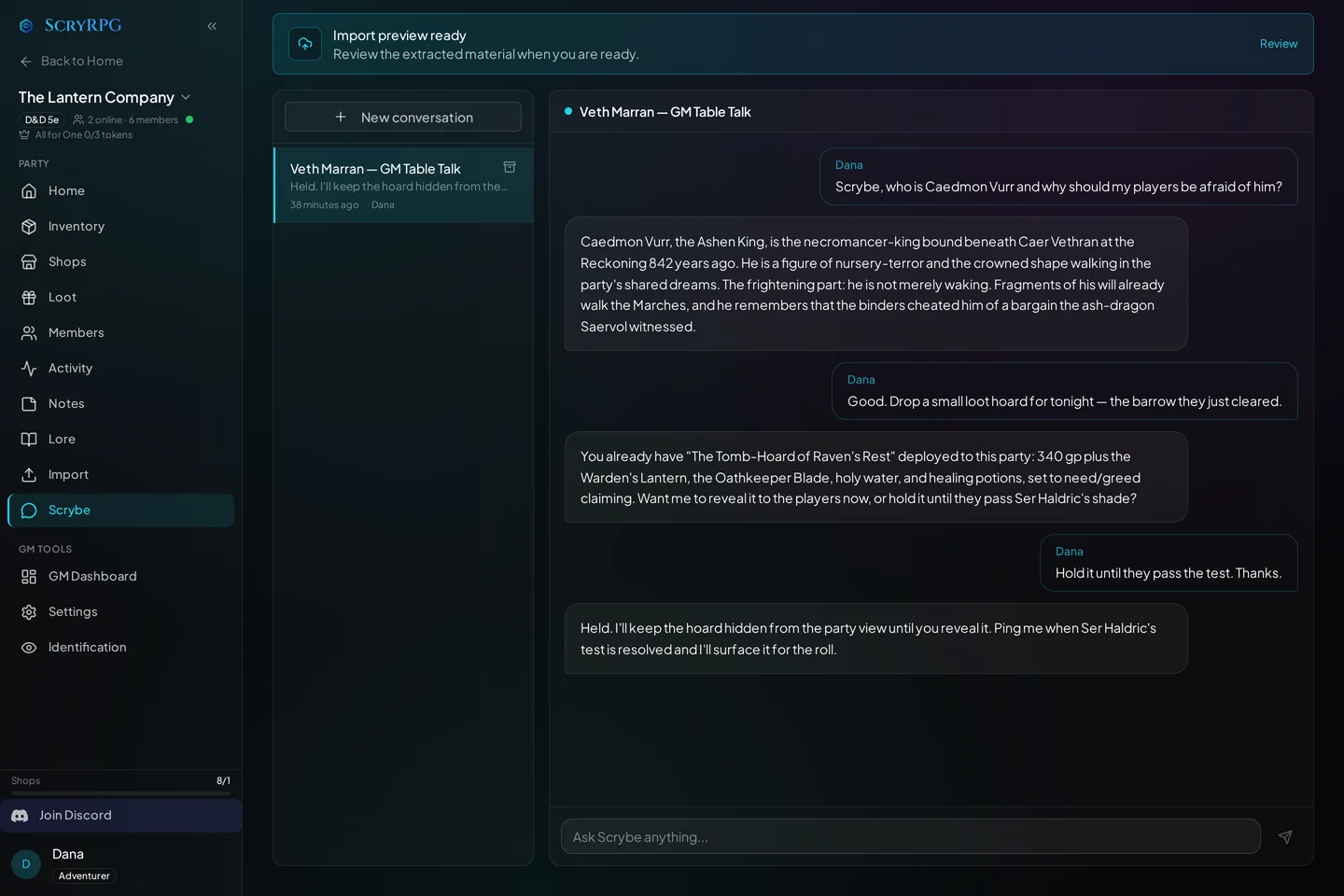 The ScryRPG web app showing a familiar conversation grounded in the campaign, with party inventory and lore on screen.