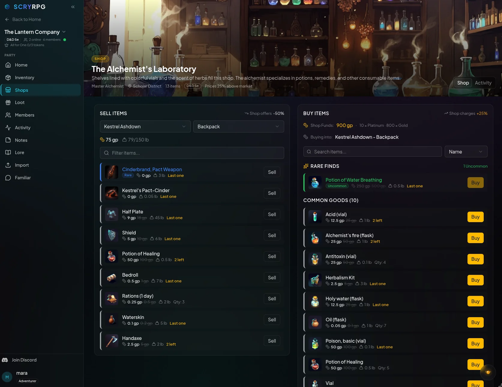 A ScryRPG shop interface showing finite quantities marked Last one alongside per-shop sell and buy pricing